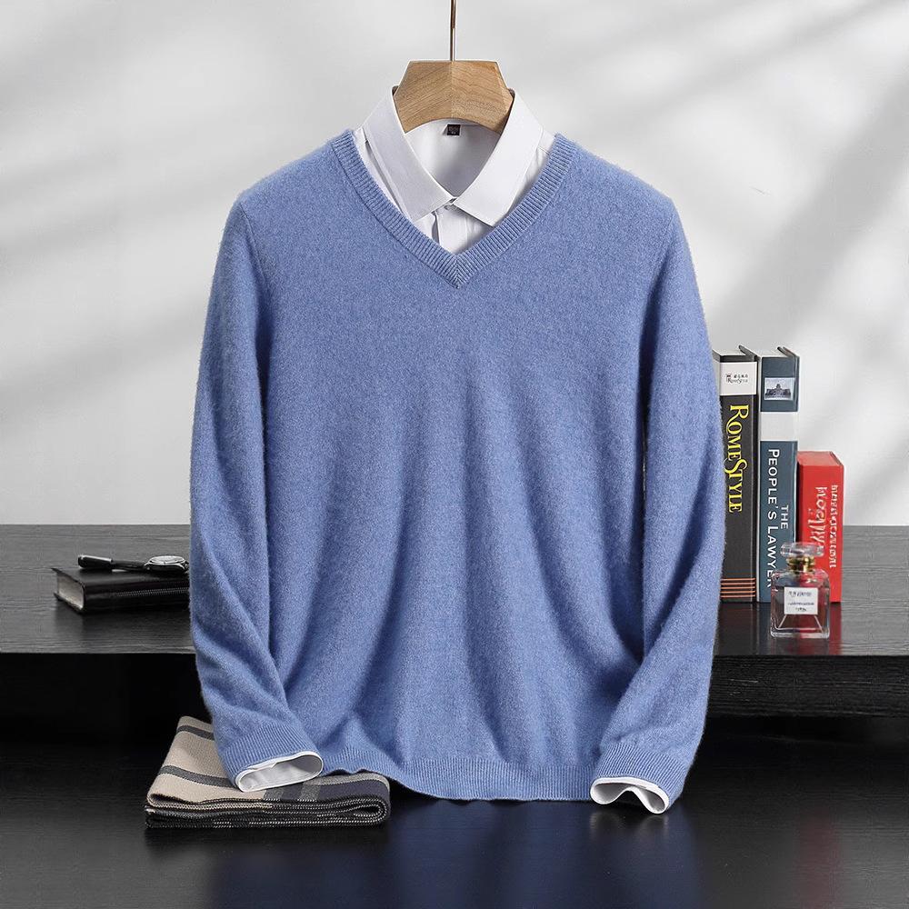 New solid color V-neck cashmere sweater men's long-sleeved pullover loose sweater with wool sweater inside