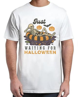 Just Waiting for Halloween Funny Skeleton Spooky Summerween Adult S-4XL Unisex T-Shirt