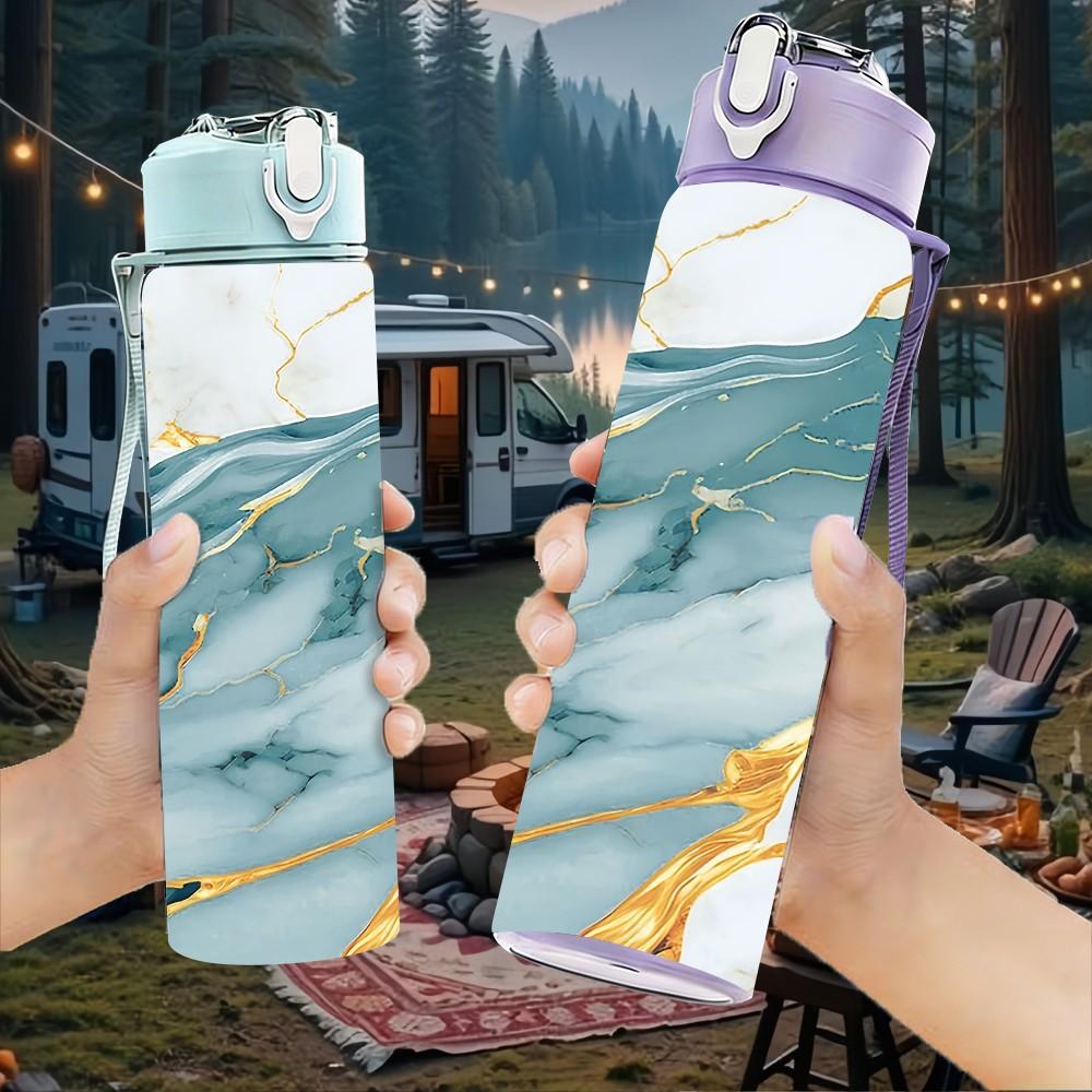 1PC Pale Cream Gold Vein Marble Swirl Texture 750ml Color Plastic Sports Water Bottle Leakproof Flip Straw Lid Suitable for Sports Office Home Use