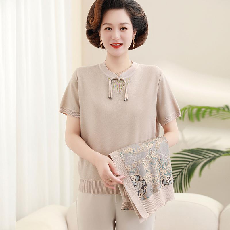 Middle-aged Mother Dressed In Early Autumn Sweater Two-piece Set Middle-aged and Elderly Autumn Sweater Set Thin New Chinese Style Grandma Dress