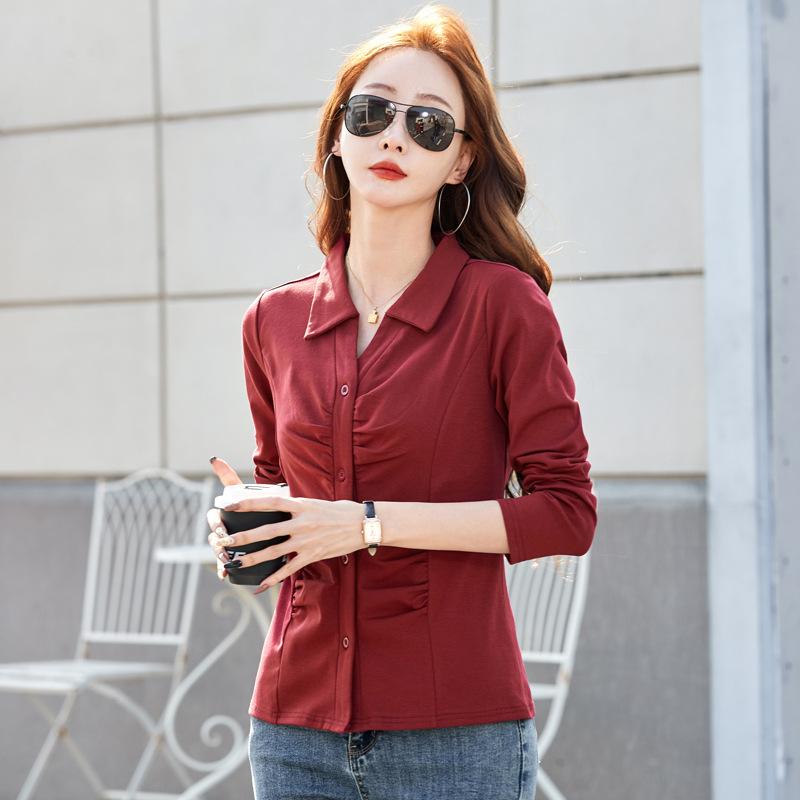 Spring Cotton Lapel Bottomed Pleated Buttons Solid Colour Versatile Long-sleeved Shirt