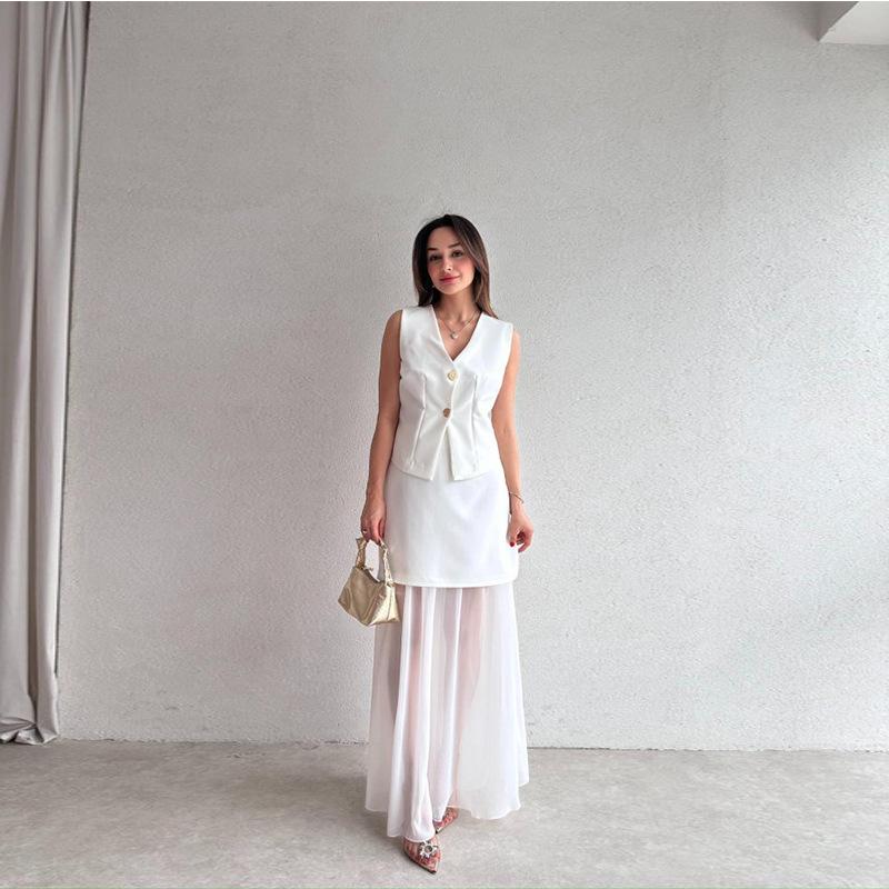 

Европейский и американский элегантный женский летний комплект платья без рукавов XL белый