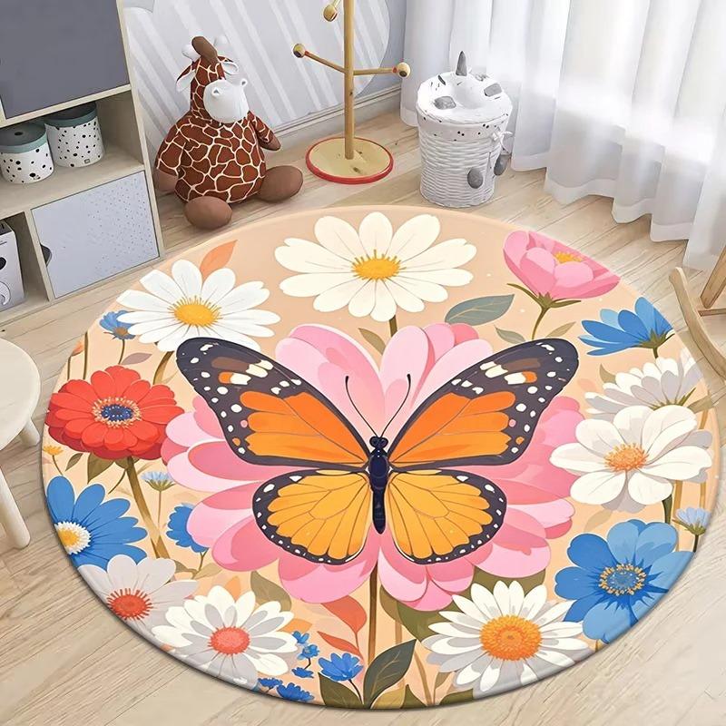 Dense Floral Butterfly Round Soft Non-Slip Art Rug Bohemian Living Room Minimalist Decor Rug