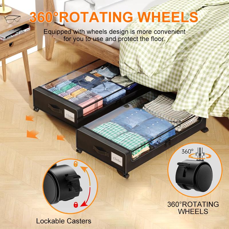 Ящики для хранения под кроватью с пылезащитной и передвижной конструкцией для одежды, обуви, игрушек, книг и полок для дна кровати чёрный