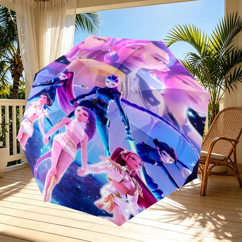KPop Demon Hunters Print Automatic Open Close Umbrella, Portable Foldable Umbrella, for Outdoor Commute Camping Trip, Ideal Birthday Gift