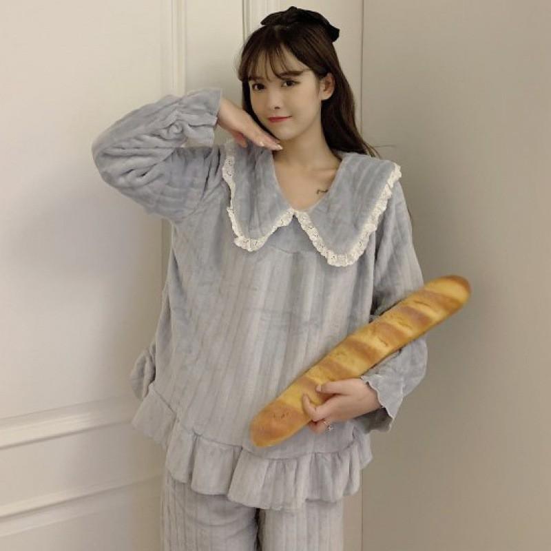 Womens Winter Flannel Pajama Set Thick Warm Cozy Lounge Wear Korean Style Sweet Casual Home Outfit
