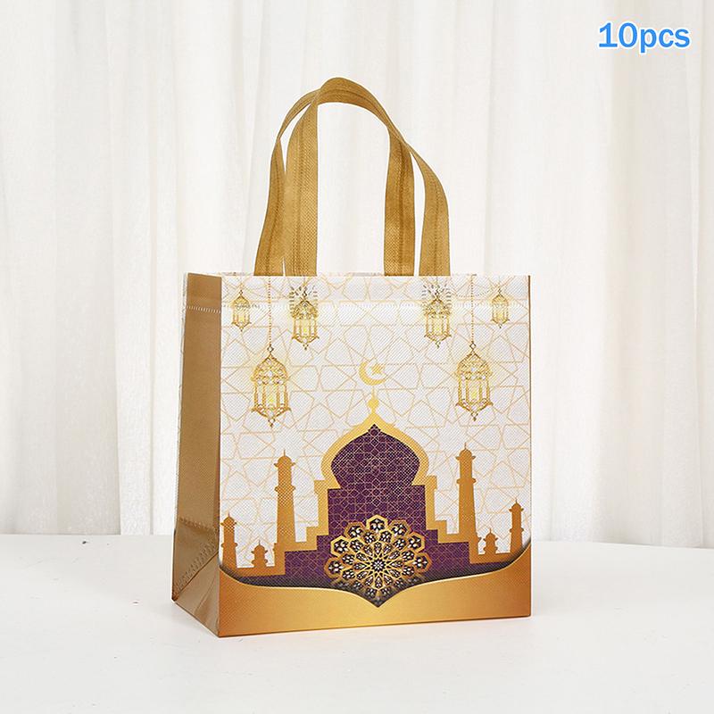 10Pcs Eid Mubarak Gift Bag Nonwoven Cookie Candy Packaging Bag Box Ramadan Kareem Muslim Islamic Festival Party Supplies