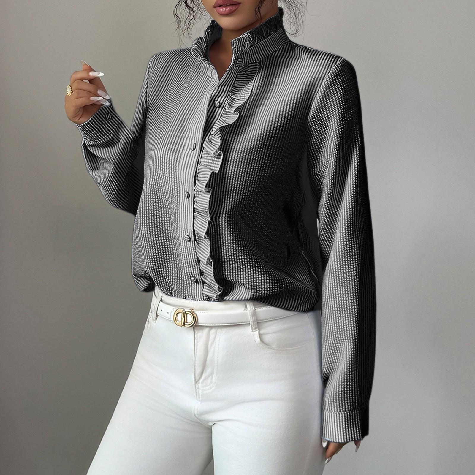 

Женская полосатая рубашка на пуговицах, длинные рукава, оборки на манжетах, свободная рубашка бойфренда, воротник с оборками, топ без карманов для комбинезона XL чёрный