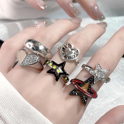 Y2K Fashion Stacked Wearing Retro High-End Open Ring Niche Design Drip Enamel Love Star Ring Woman