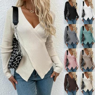 Women's Fashion Front Irregularly Crossed Long-sleeved  Knitted Pullover Sweaters Slim Ribbed Knitted Sweaters