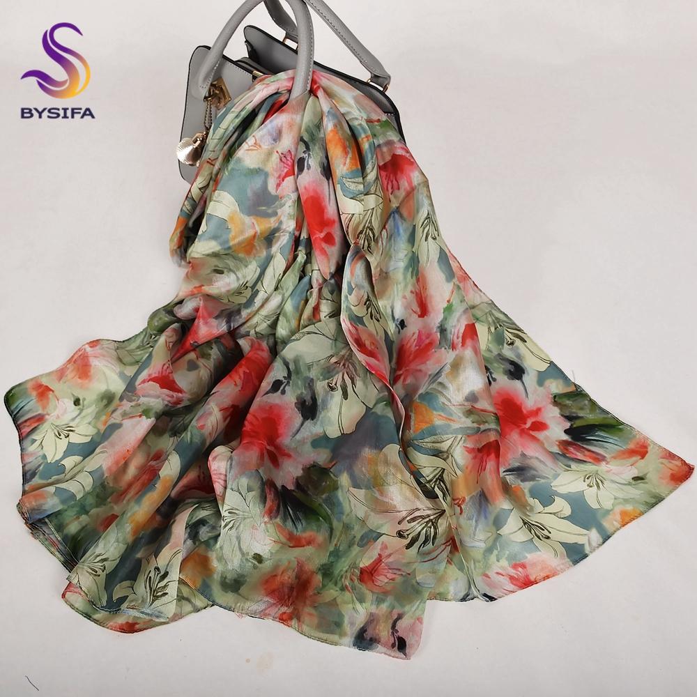 White 100% Mulberry Silk Scarf Shawl Women New Floral Design Summer Long Beach Shawl Luxury Ladies Neck Scarves Hijabs