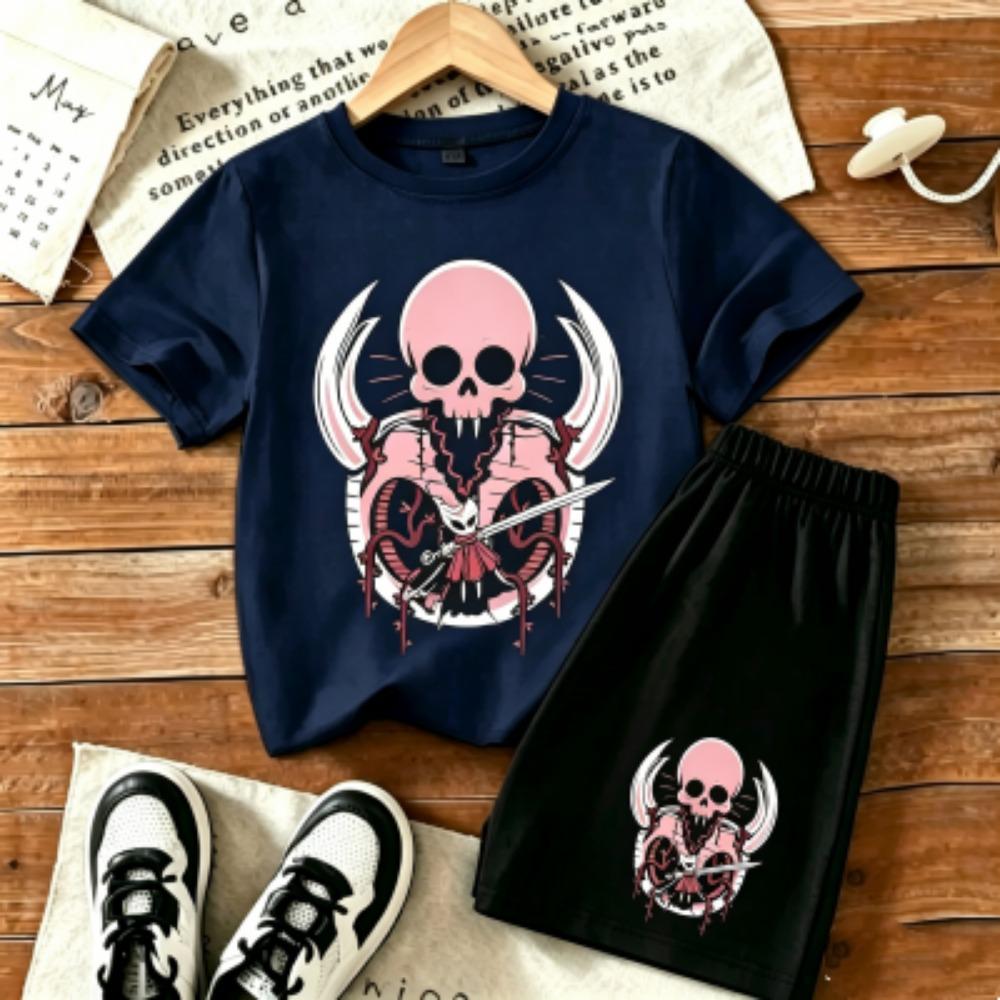 Hollow Skull Fun Printed 11 Colors Outdoor Street Kids T-shirt and Shorts 2 Piece Set Summer Home Casual Outfit Boy and Girl s Sports Set 100