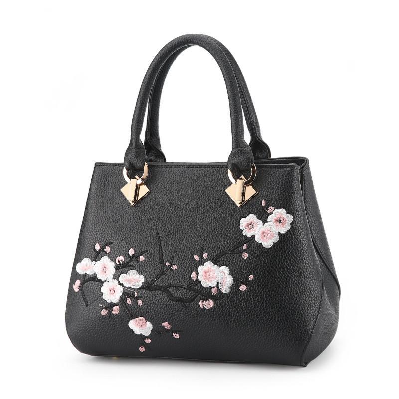 Womens Business Casual Shoulder Bag With Flower Embroidery Design And Organizer Storage