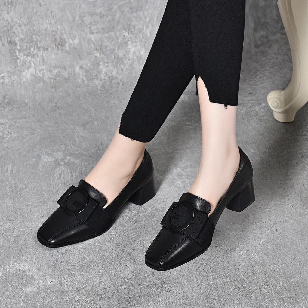 Spring New High Heels Square Head Thick Heel Middle Heel Work Shoes Square Buckle First Layer Cowhide Four Seasons Professional Single Shoes