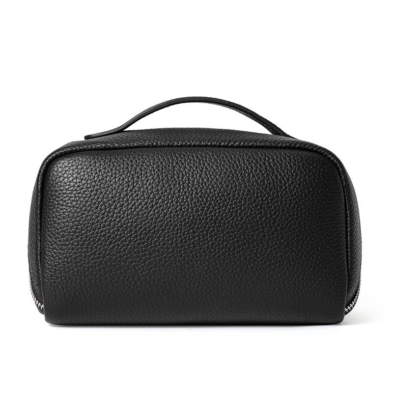 Top Grain Cow Leather Makeup Bag, 2 Sizes Litchi Grain Double Zipper Portable Handheld Travel Toiletry Bag Large Capacity Skincare Storage Organizer