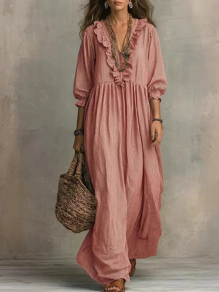 New Striped Ruffled High Waist V-Neck Loose Dress