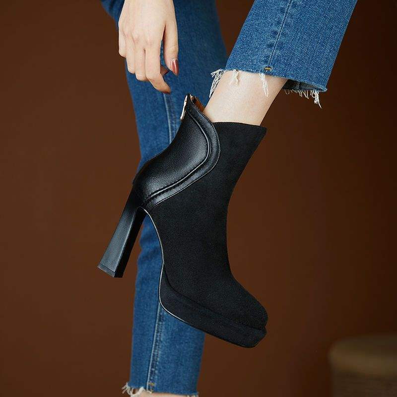 

Coarse heeled short boots for women, 2026 Spring and Autumn new round toe thick soled high heels fashion boots 34 чёрный