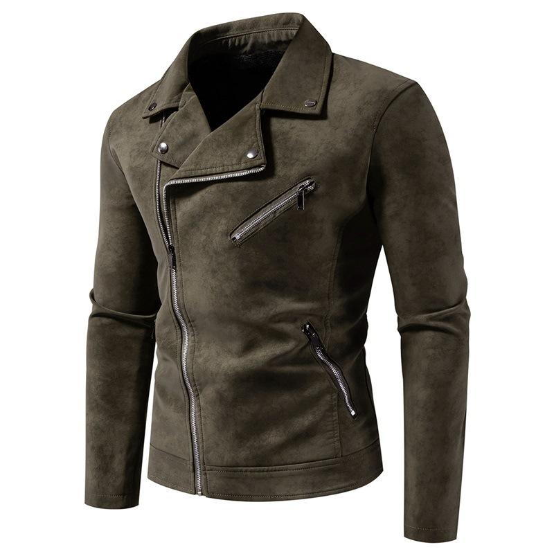 Pánská kožená bunda, PU bunda z umělé kůže, šikmý zip, klopa, motorkářská bunda