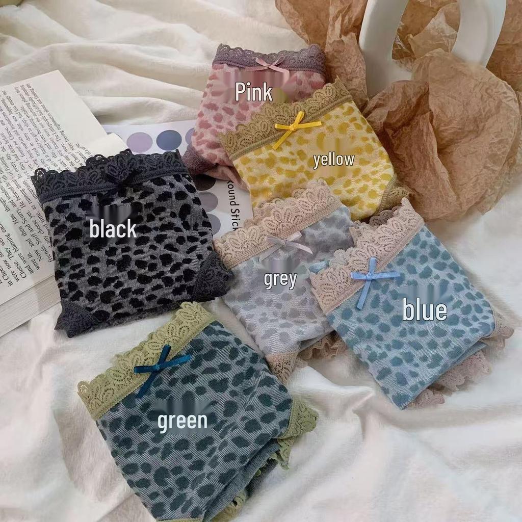 Pure Cotton Women's Leopard Print Lace Bow Mid-Waist Panties - Breathable Triangle Underwear 2025