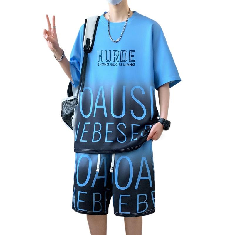 Men's Casual Loose Ice Silk Round Neck Short-sleeved T-shirt Shorts Two-piece Set