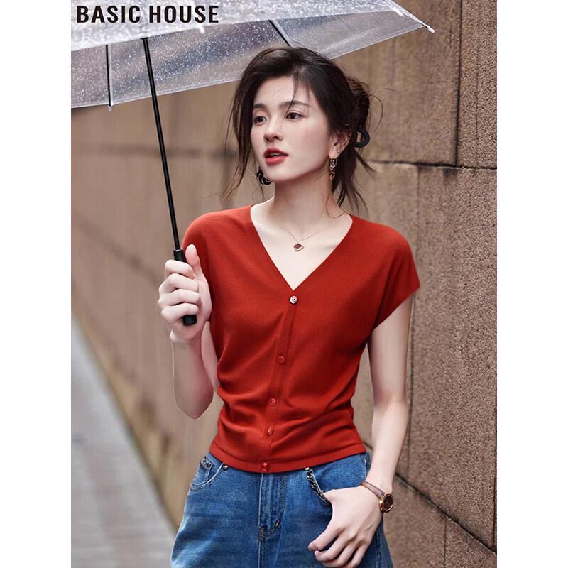 Basic House Women s V-Neck Short Sleeve Knitted Top XL