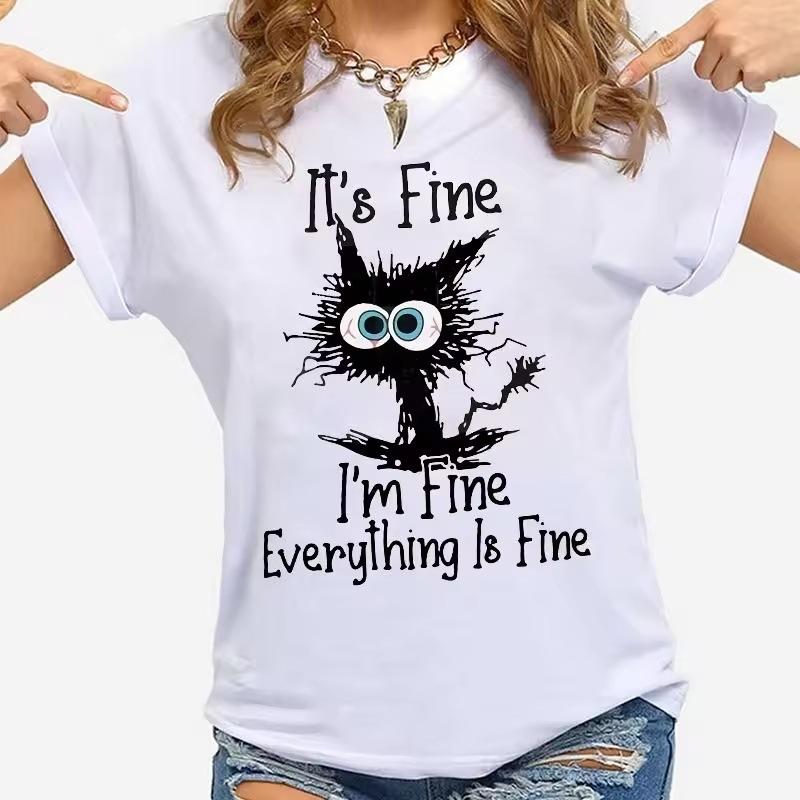 Summer Casual Loose and Personalized T-shirts 3D Cat Is Fine Everything Is Fine Printed Women's T-shirts