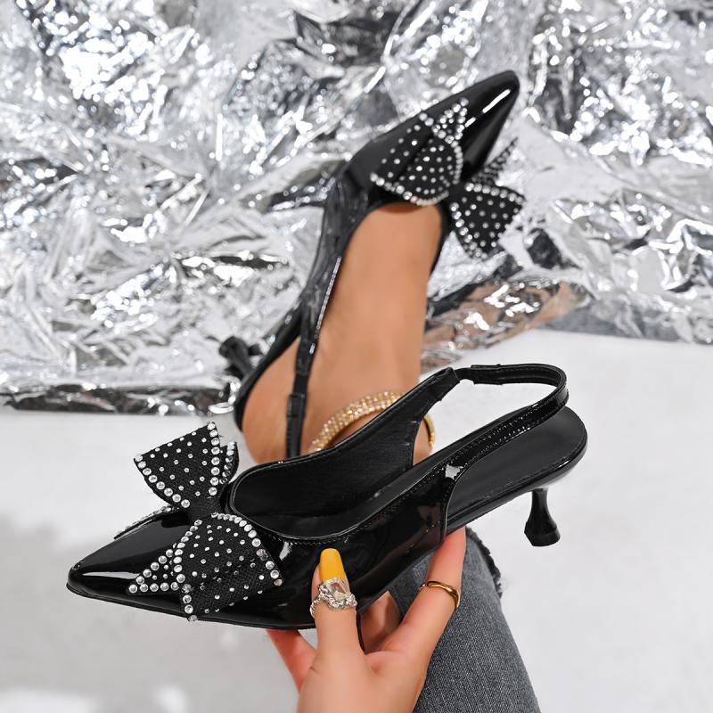 Fashion Luxury Glitter Bowknot Decoration Patent Leather Pumps Summer Sexy Pointed Toe Sling Back Pumps High Heel Dress Party Sandals