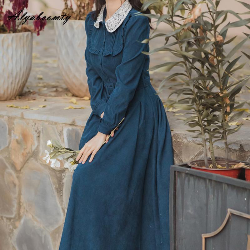 Mori Girl Autumn Winter Women Long Shirt Dress Blue Beading Vintage Buttons Dress Corduroy Elegant Feminine Dress With Belt