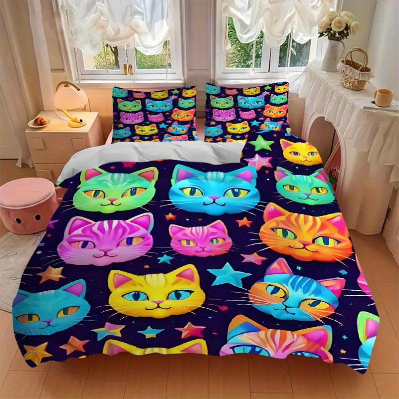 3pcs Colorful Cats Bedding Set, Suitable for Bedroom Decoration, (Includes 1 Duvet Cover And 2 Pillowcases, Quilt Not Included) yy250822117