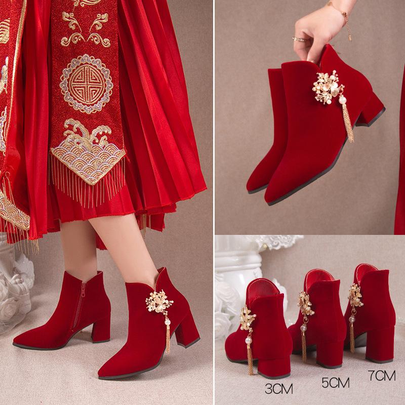 Rote Hochzeit Brautschuhe Damenstiefel Stilvolle spitze Zehenpartie Hoher Absatz Knöchelstiefel Damen Elegant Kleid Bankettschuhe 7cm 40 rot