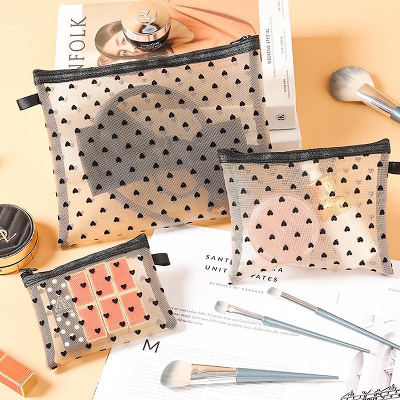 Nylon Mesh Cosmetic Bag Zipper Heart Shaped Toiletry Organizer Makeup Bags Multifunctional Women Lipstick Key Coin Purse Pouch