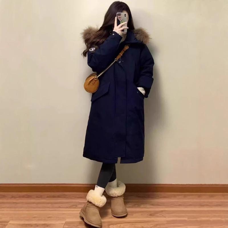 Long over-knee big fur collar pie overcomes women's winter new loose thickened down cotton-padded tooling jacket