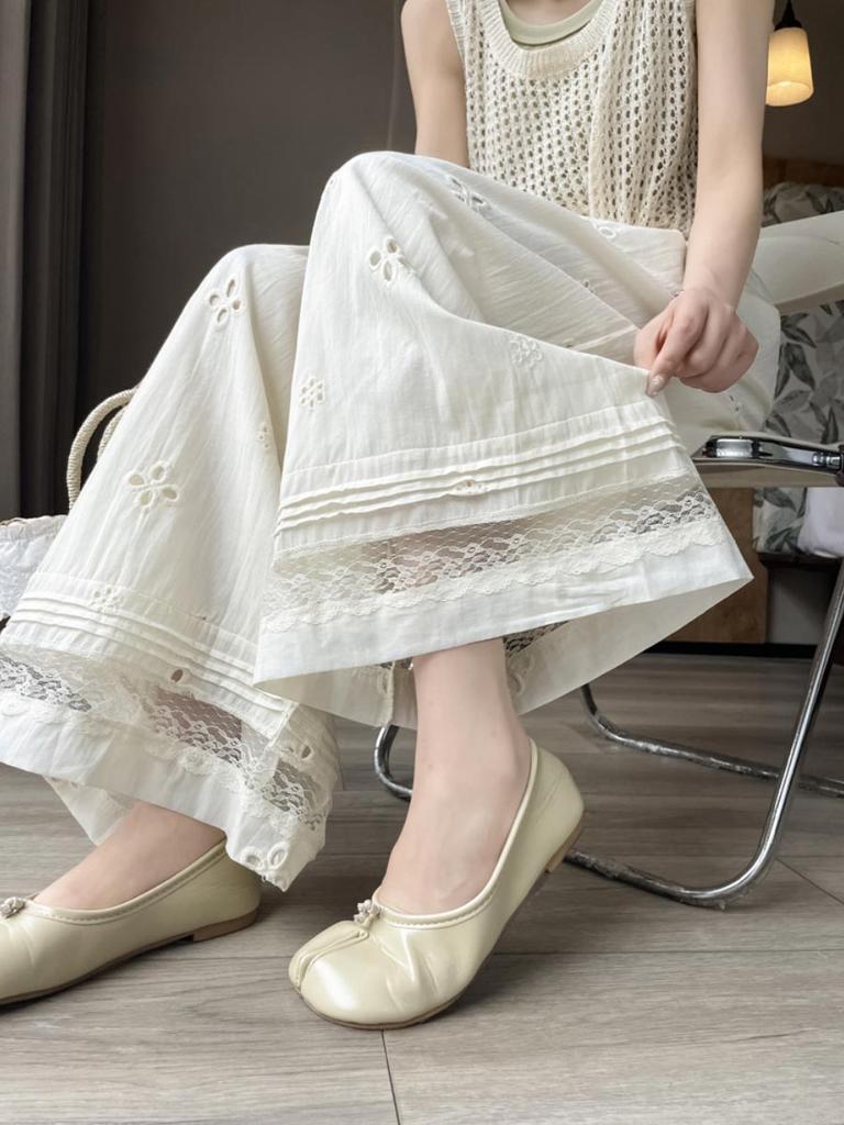Women's Baggy Wide Leg Pants Lace Splicing High Waist Thin Elastic Waist Straight Trousers Vintage Style Casual Clothing Summer