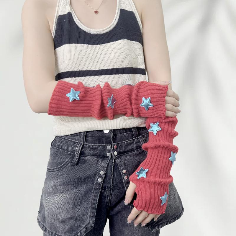 Fingerless Gloves Red Sleeves Sweet And Cute Girl Wool Knitted Christmas Star Arm Sleeves