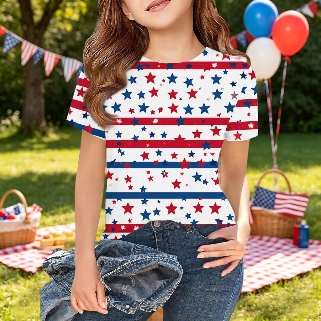 Girls Short Sleeve T Shirt Independence Day Print Casual Tee Top Lightweight Comfortable Soft Fabric Summer Shirt for Kids