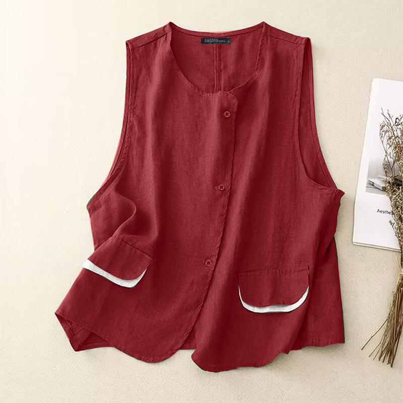 

ZANZEA Женский повседневный летний жилет без рукавов с круглым вырезом 2XL вино красного