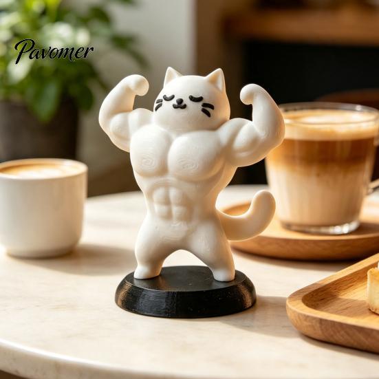 Office Desk Accessories 3D Printed Muscle Cat Figurine, Funny Strong Animal Ornament for Cute Home Office, Creative Sculpture with Base, Unique