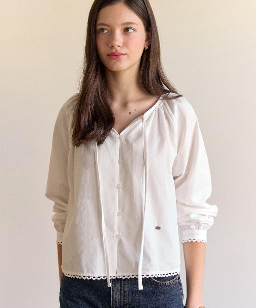 OURHOPE Peach Ribbon Shirring Blouse - Ivory