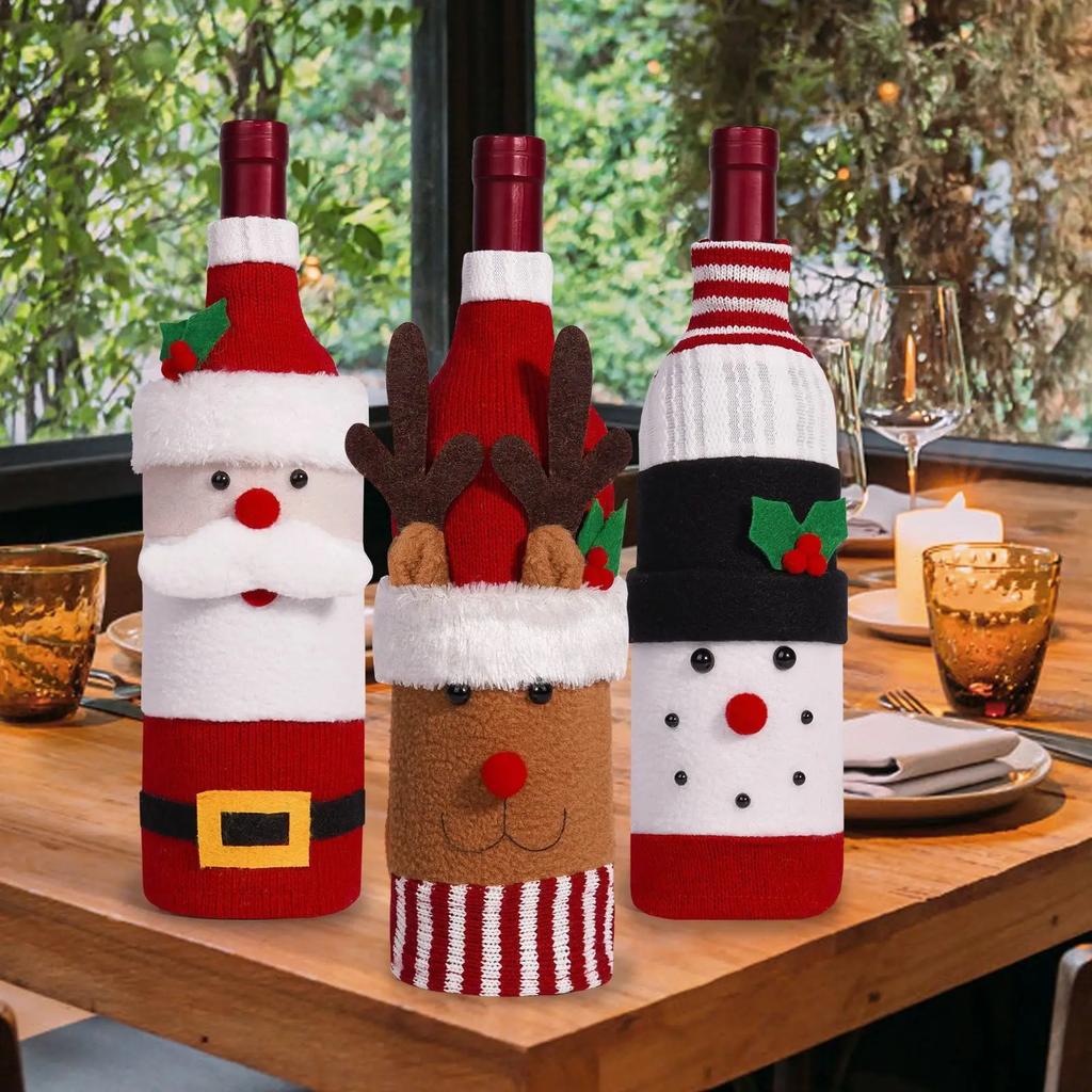 Christmas Decoration Santa Snowman Wine Bottle Cover Knitted Champagne Bottle Cozy For Restaurant Decor Festive Table Setting