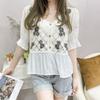 Spring Summer Crochet Top Chiffon Flower Embroidery Daisy Long Sleeve Button Front Fake Two-Piece Blouse