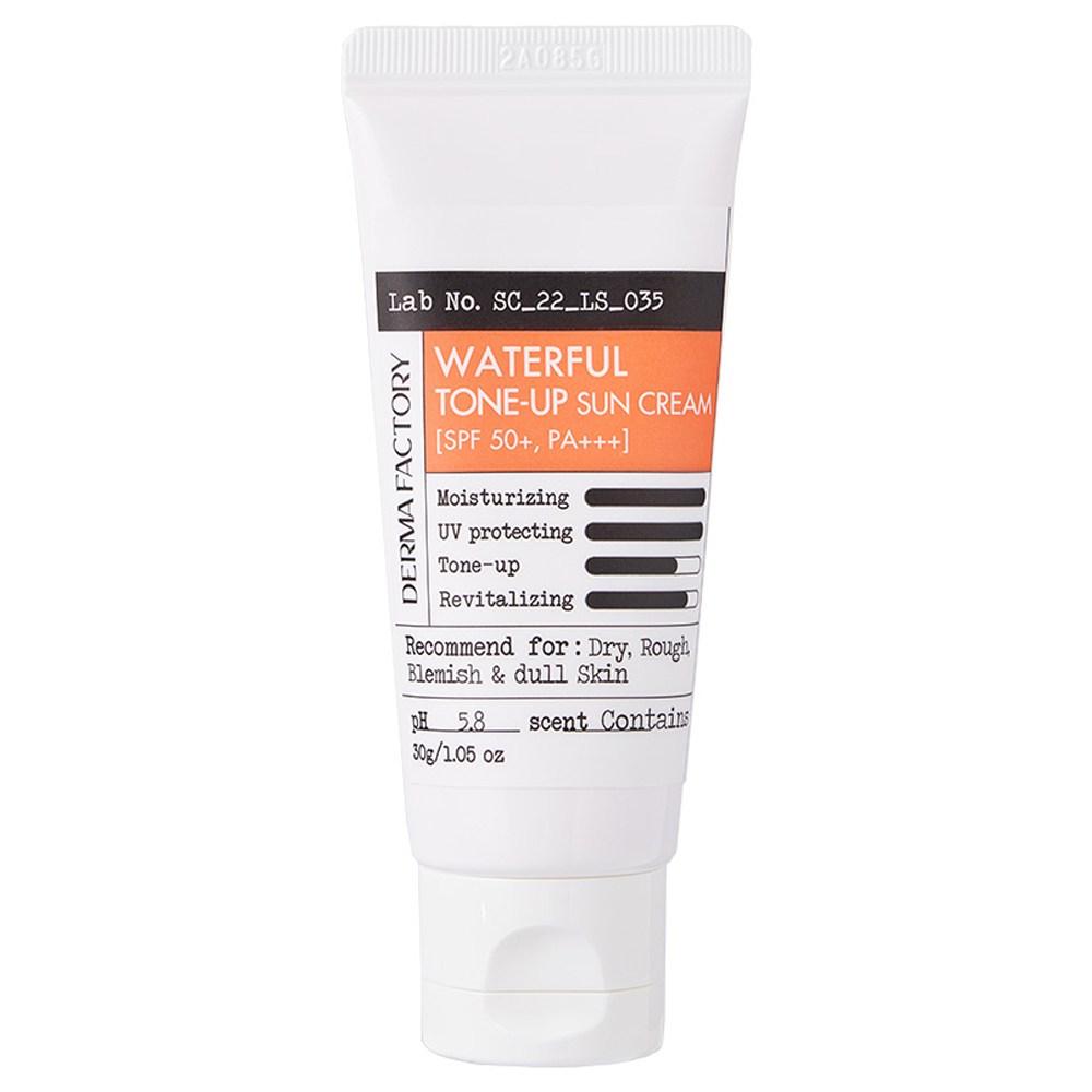 DERMA FACTORY Waterful Tone-Up Sun Cream SPF50+ PA+++ – Vegan Non-Nano Hybrid Formula, Radiant Peach Tone-Up, Korean