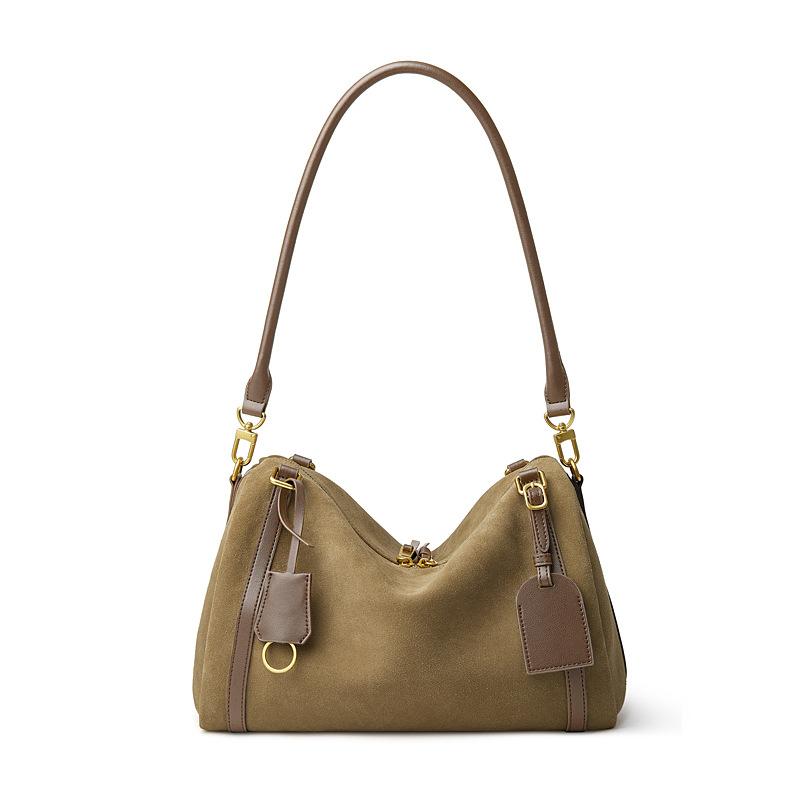 Frosted Cowhide Bowling Bag Large Capacity Commuter Versatile Boston Shoulder Crossbody Bag Deerskin Velvet Tote Women'S Bag