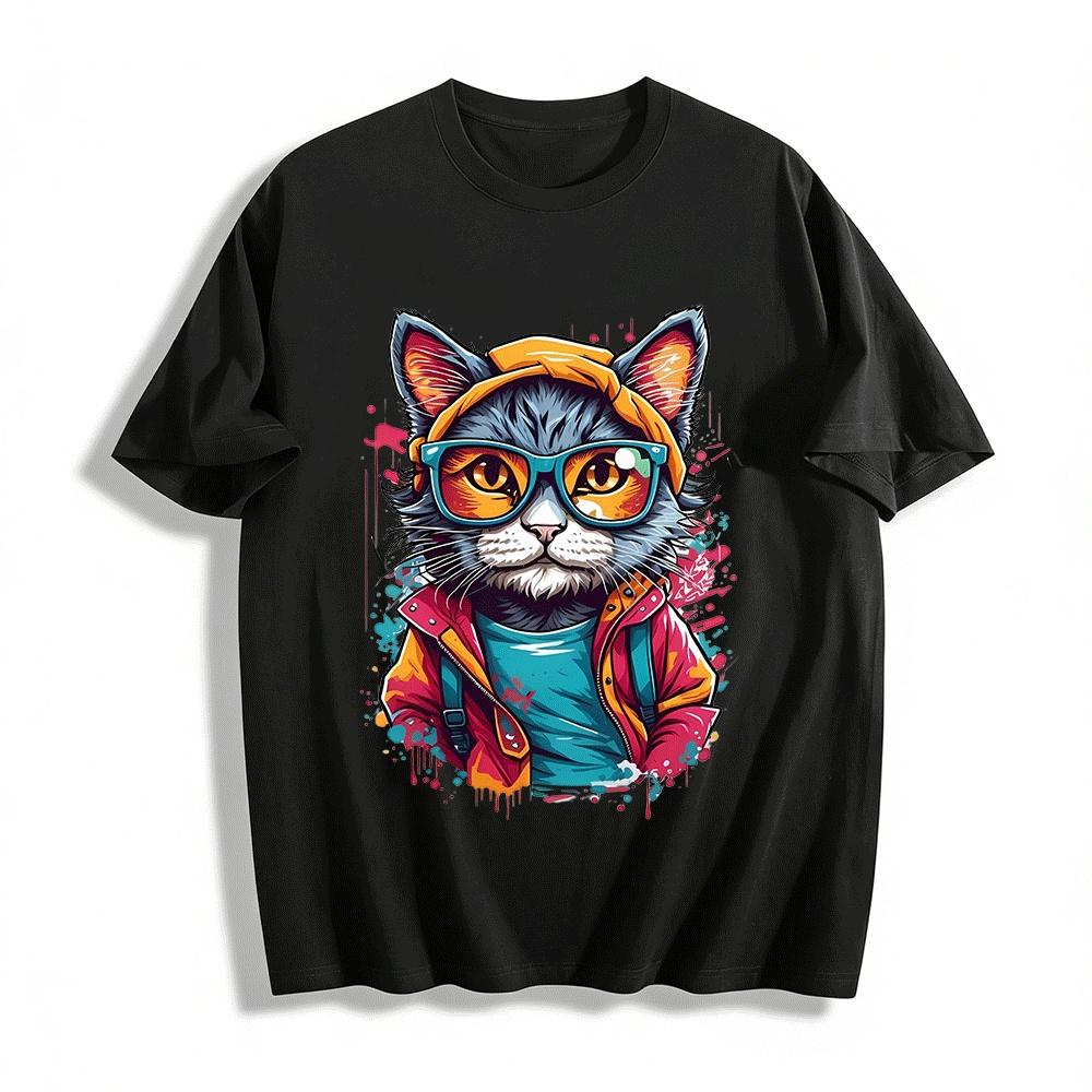 Trendy Street Style Sunglasses Cat Print Unisex Casual Top Pure cotton T-shirt XXS