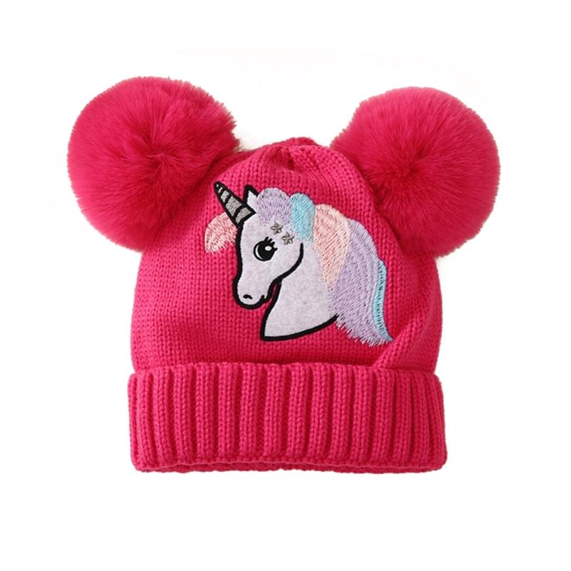 Baby Girl Hat Knit Baby Winter Hat Cute Baby Beanies for Girls Thick Warm Toddlers Double Pompoms Cap for 1-4 Yeas Old