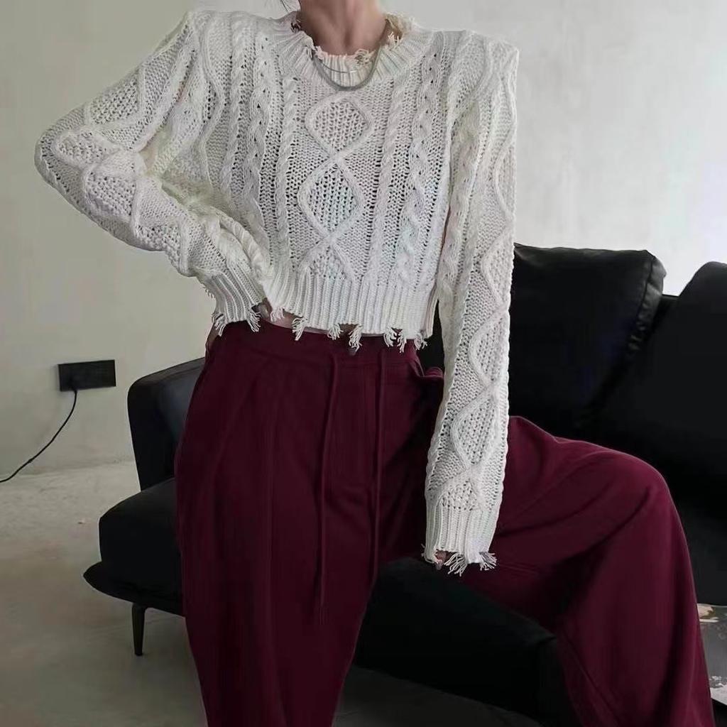 Französischer Retro-Rundhals-Alt-Riss-Pullover Damen Kurz Hong Kong Stil Reine Lust Bauchnabel zeigen Zopf Langarm Strickpullover Top