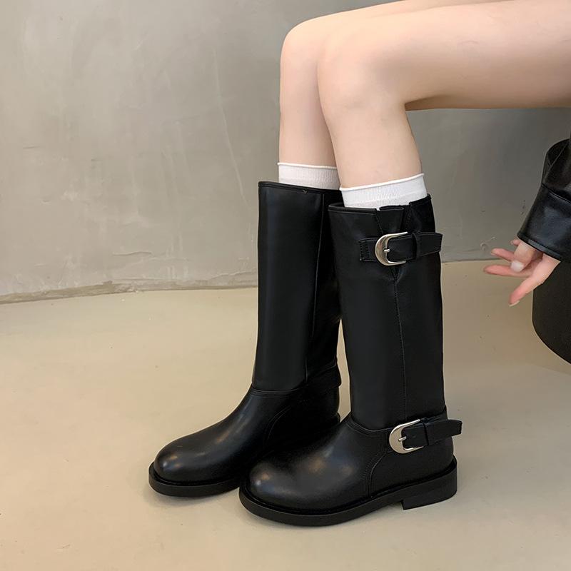 Pile Boots Women's Autumn and Winter New Knight Boots Belt Buckle Middle Tube Two Wear Martin Boots Thick Sole But Knee Boots