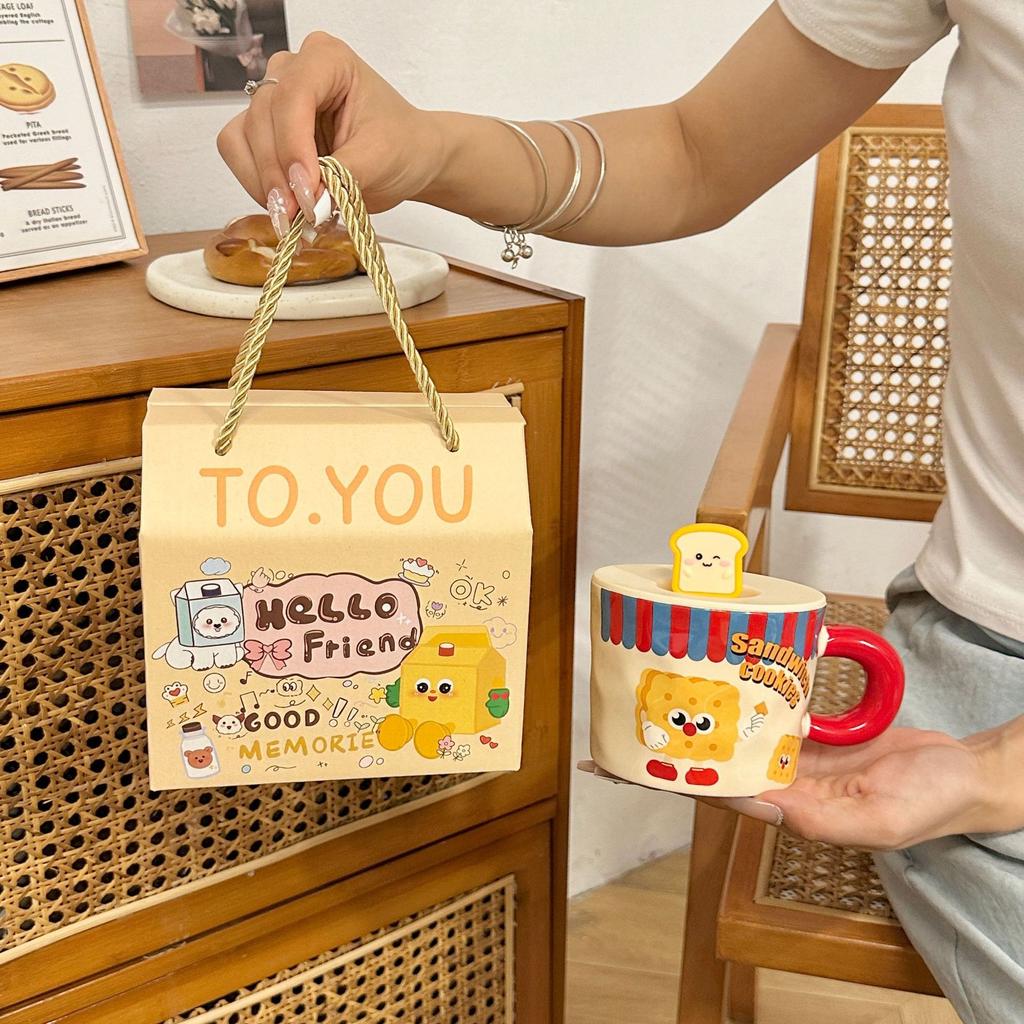 Cute Ceramic Cup Household Mug with Lid Spoon Cartoon Water Cup Female Student Dormitory Breakfast Milk Coffee Cup