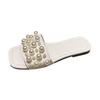 Large size pearl flat bottom sandals women's summer new square head casual wear one-word slippers
