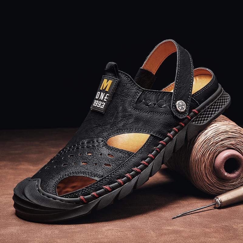 Classic Mens Sandals Summer Black Leather Male Beach Sandals Soft Comfortable Male Outdoor Beach Slippers Slip-ON Man Sandals