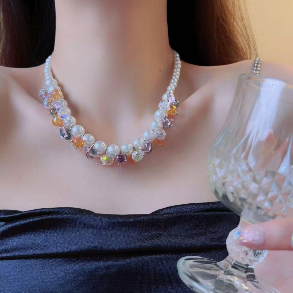 Shining Colored Zircon Necklace Dopamine Style Pearl Choker Jewelry Pearl Beaded Necklace  Women
